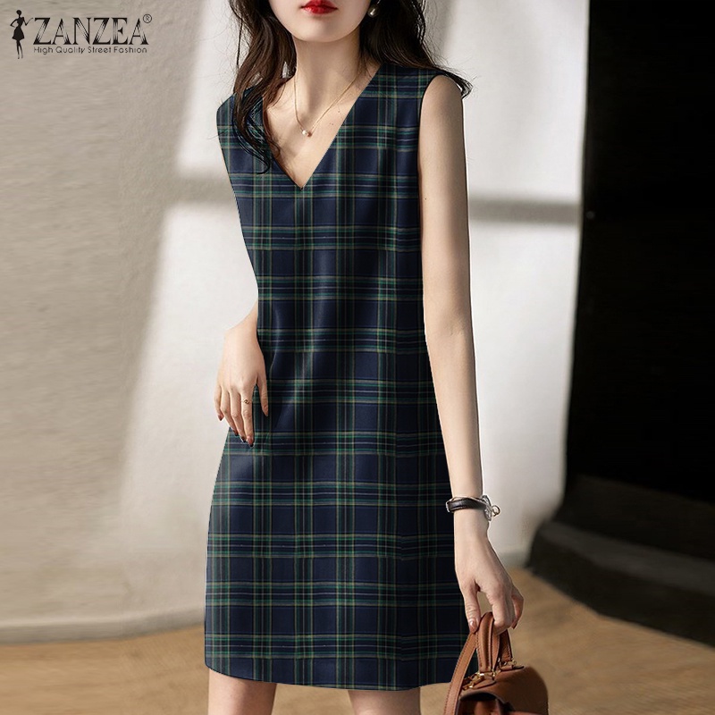 Đầm ZANZEA dáng chữ A sát nách cổ chữ V họa tiết kẻ sọc ca rô thời trang dành cho nữ