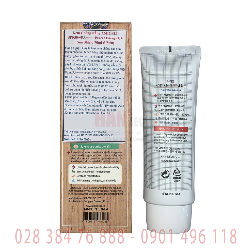 Kem Chống Nắng Amicell Perfect Energy UV Sun Shield Hàn Quốc (SPF50+/PA++++) Siêu An Toàn Có Thể Dùng Cho Cả Trẻ Sơ Sinh