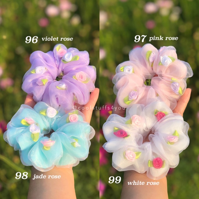 Đồ buộc tóc scrunchies thêu hoa hồng voan 2 lớp