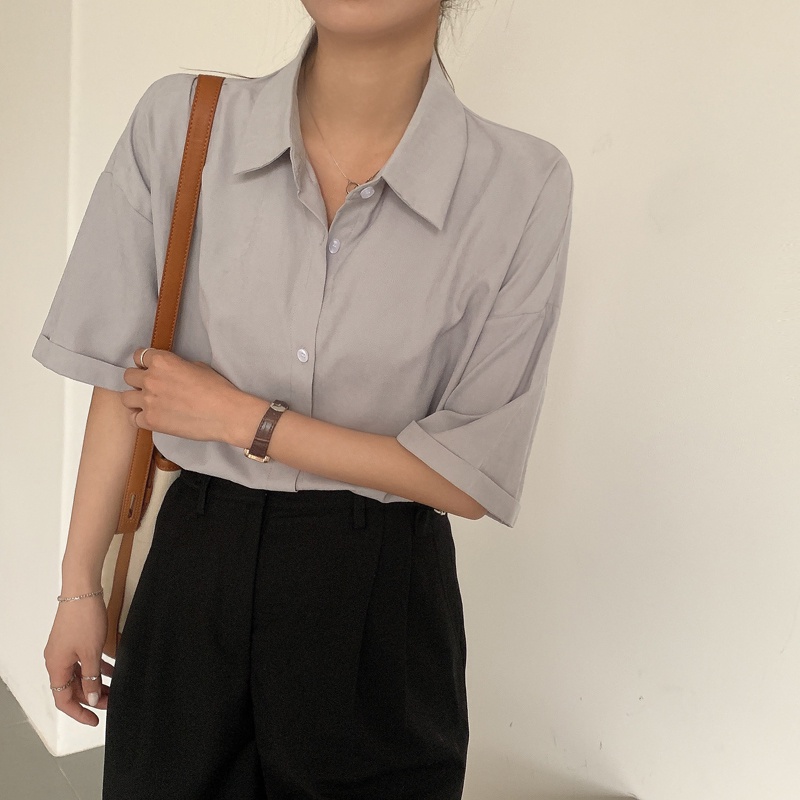 Áo Sơ Mi Tay Ngắn Dáng Rộng Màu Trơn Phong Cách Retro Cho Nữ