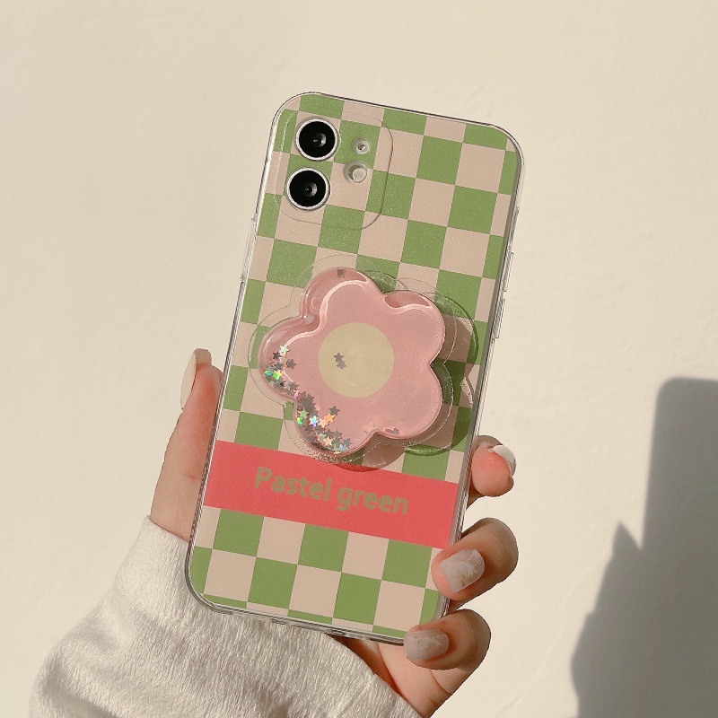 Ốp điện thoại họa tiết caro màu xanh lá có giá đỡ hình hoa thích hợp cho Iphone 7 8 PLUS X XR XS 11 12 13 MINI PRO MAX