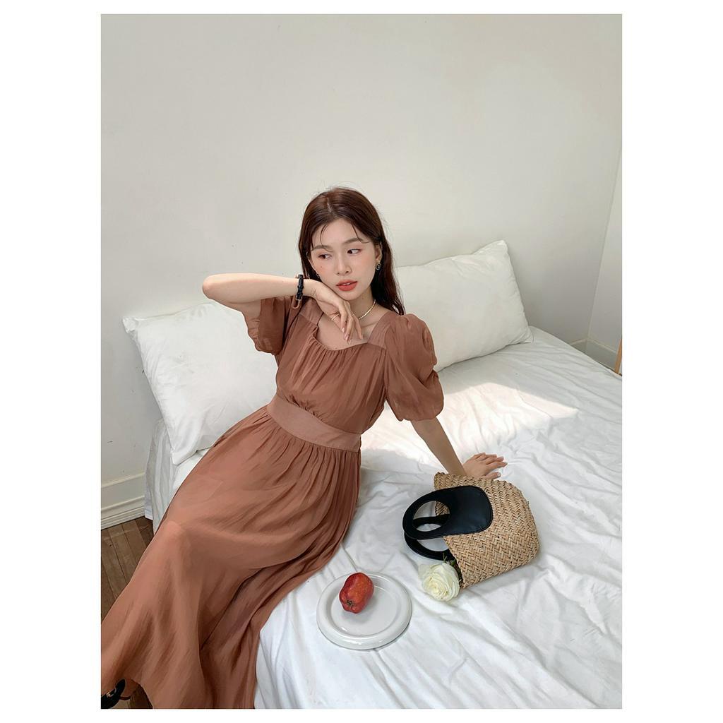 Đầm Tay Phồng Xếp Ly Màu Trơn Phong Cách Pháp Cổ Điển Thời Trang Mùa Hè Kiểu Mới 64057