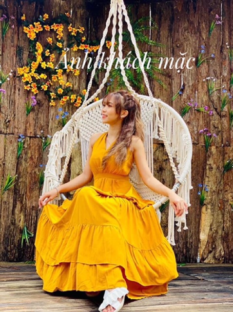 Váy maxi 3 tầng hở lưng chất đũi Thái mềm mại