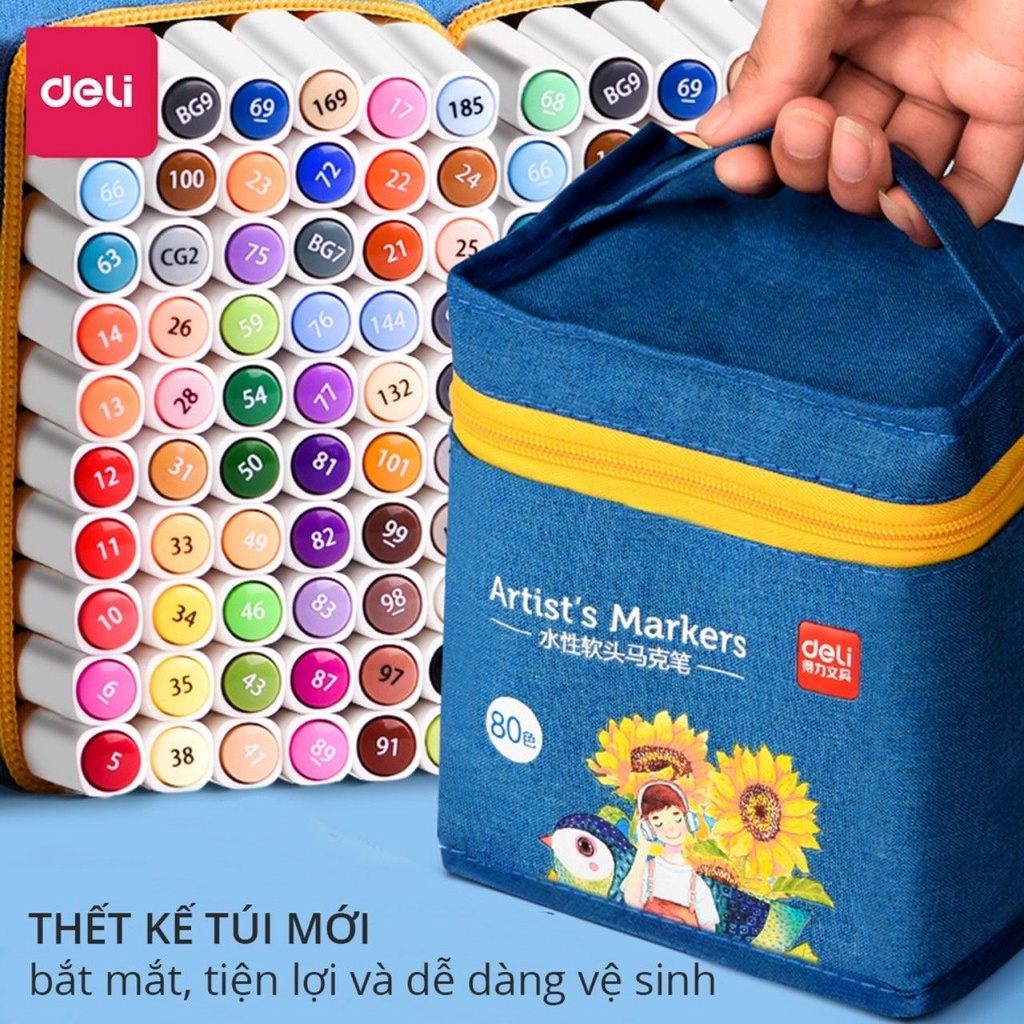 Bút màu marker 2 đầu túi vải bò - mực có thể rửa được - có đầu brush và vát dùng để đi nét, viết caligraphy Deli 70808