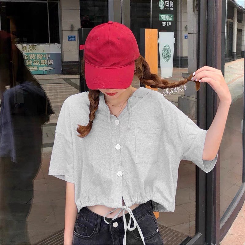 Áo croptop kiểu phối nón có dây rút eo tăng chỉnh size cho nàng thơ ❤️