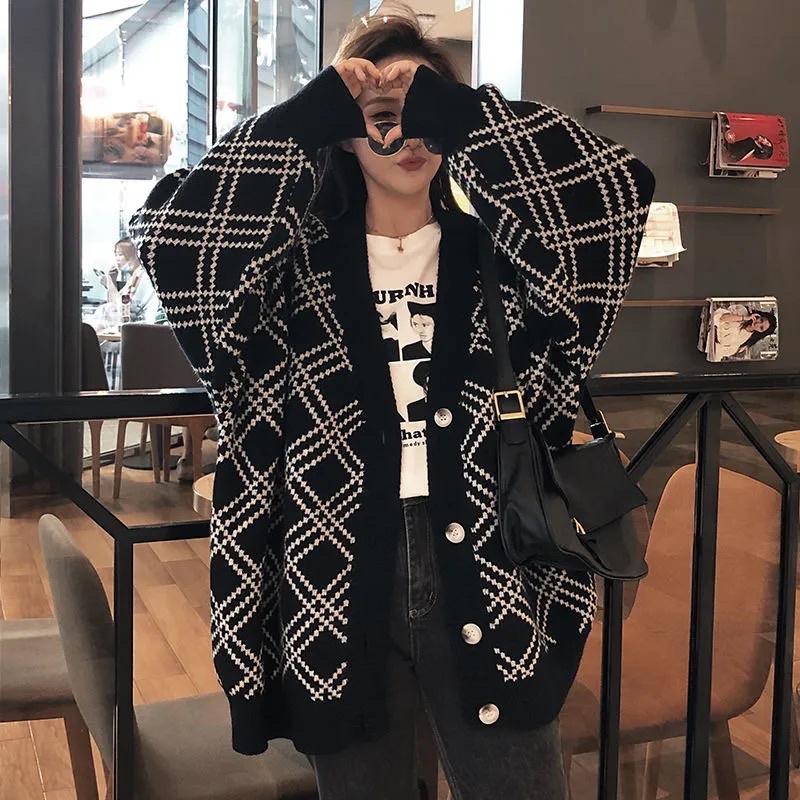 Áo Cadigan Nam Nữ Màu Đen Hoạ Tiết Kẻ Ô Chéo Dài Tay, Áo Khoác Ngoài Unisex Cổ V Chất Loại 1 Dày Không Xù Không Dão