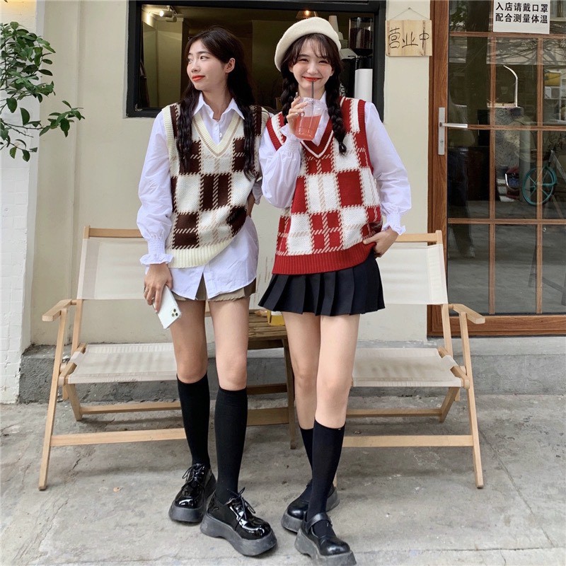 Áo gile dáng rộng họa tiết ô vuông mix đồ siêu xinh! Ulzzang Style Hàng quảng châu