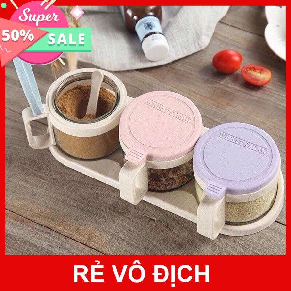 [Hot]-Bộ 3 hộp đựng gia vị bằng thủy tinh và lúa mạch