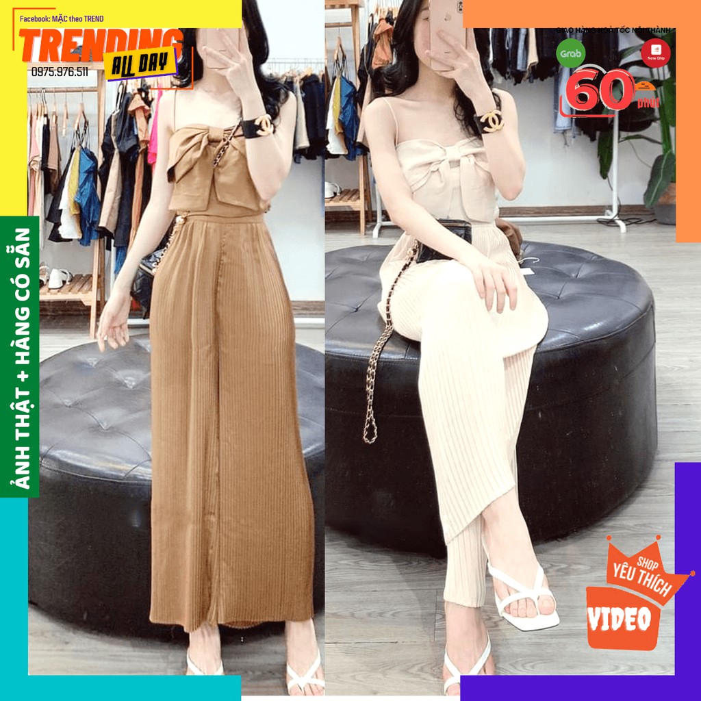 [GIẢM 10K] Set ÁO NƠ HAI DÂY QUẦN ỐNG RỘNG DẬP LY 3 màu ĐEN-TRẮNG-NÂU | BigBuy360 - bigbuy360.vn