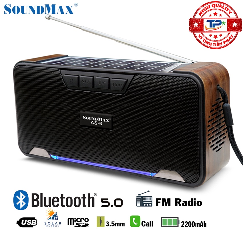 Loa Bluetooth SoundMax AS-6 tích hợp FM Radio Đọc thẻ USB, Micro SD, Sạc năng lượng mặt trời dùng cho PC, LATOP, ĐT, TV.