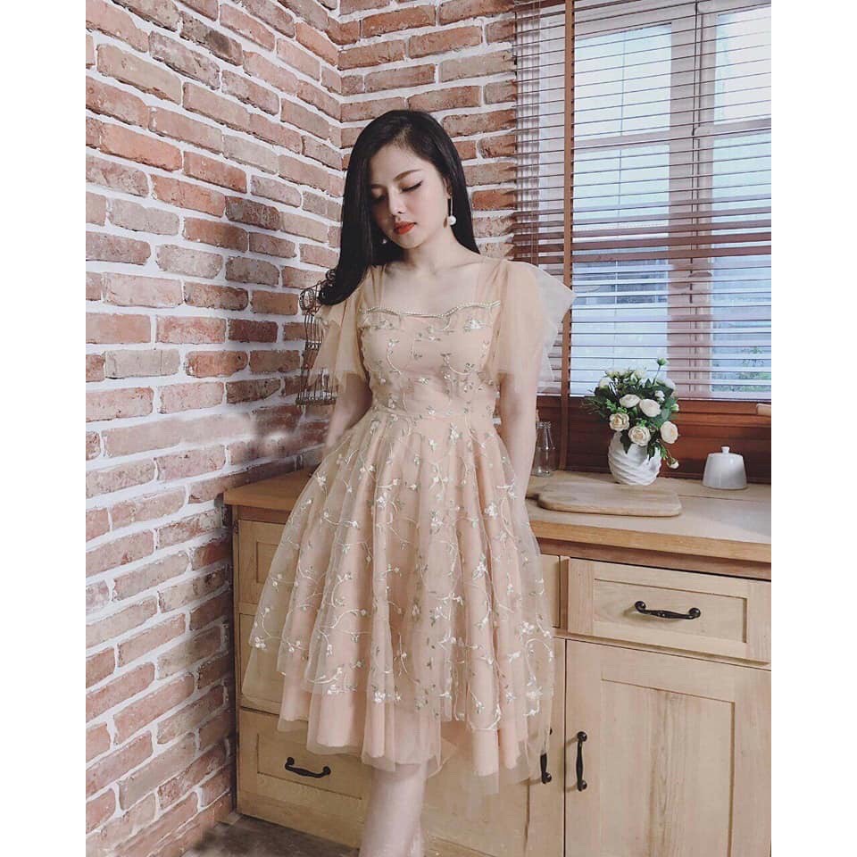 Đầm dự tiệc, đầm ren tay rũ thêu hoa kèm ảnh thật suất sắc