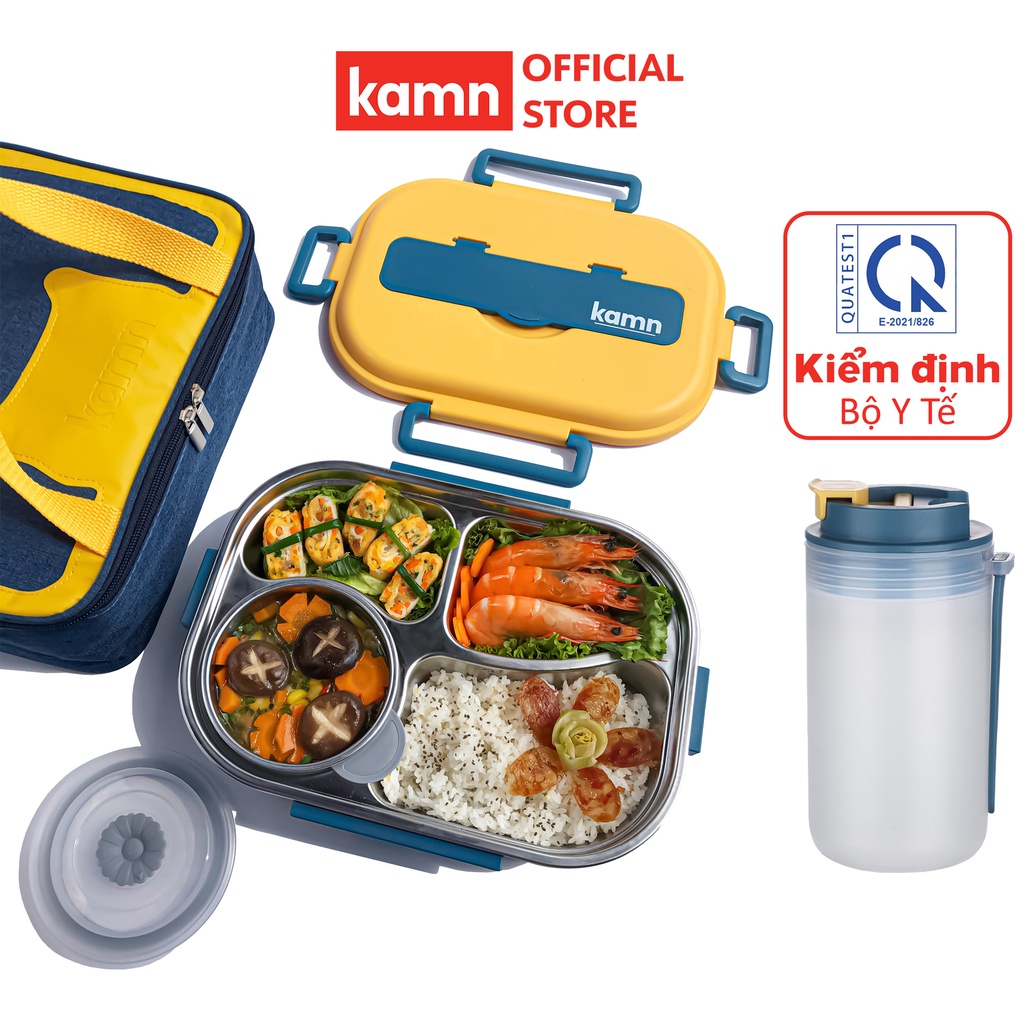 Combo hộp cơm văn phòng 1500ml kèm bình nước đa năng 350ml Yummy Kamn inox 304, 4 ngăn chống tràn