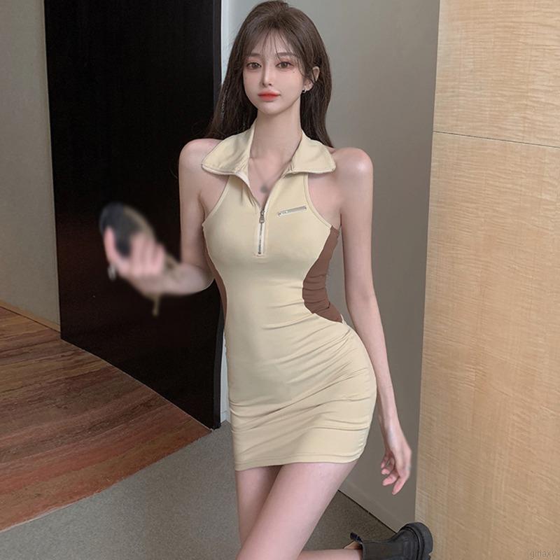 Đầm sát nách phối khóa kéo trước màu sắc quyến rũ phong cách Hàn Quốc cho nữ