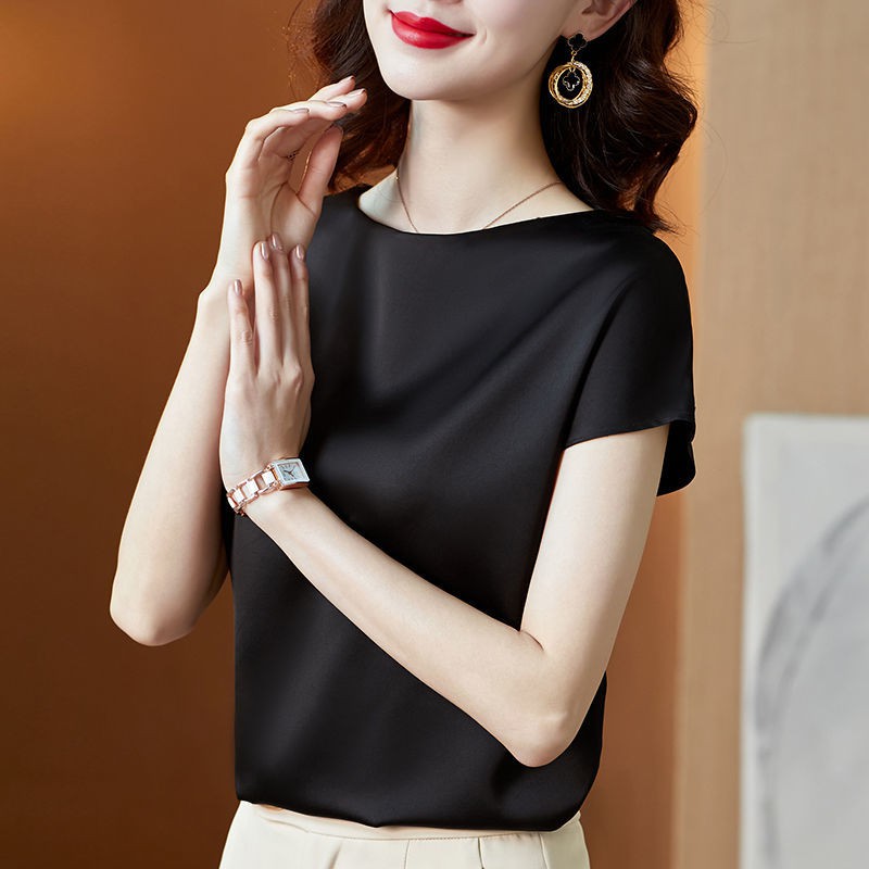Áo nữ chất liệu lụa sữa satin tay ngắn màu trơn kiểu dáng thanh lịch mặc mùa hè