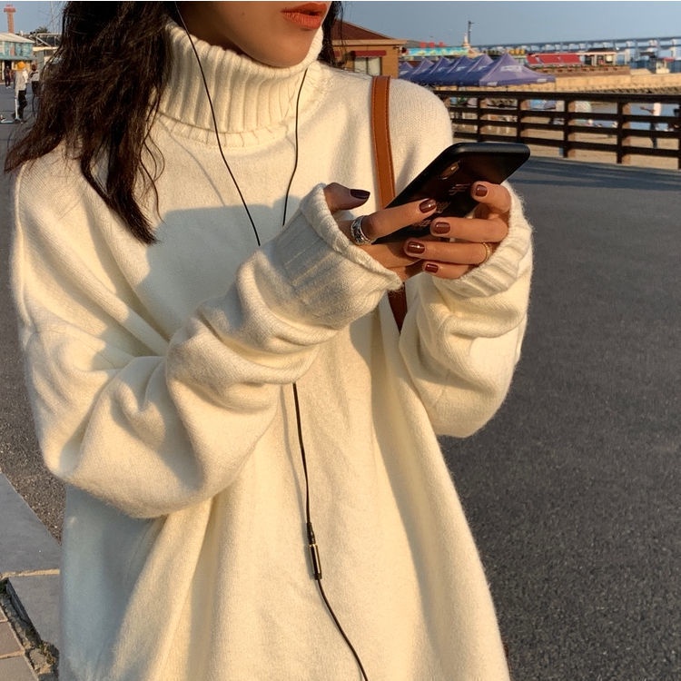 Áo Len Cổ Lọ Dáng Rộng Màu Sắc Đơn Giản Cho Nữ