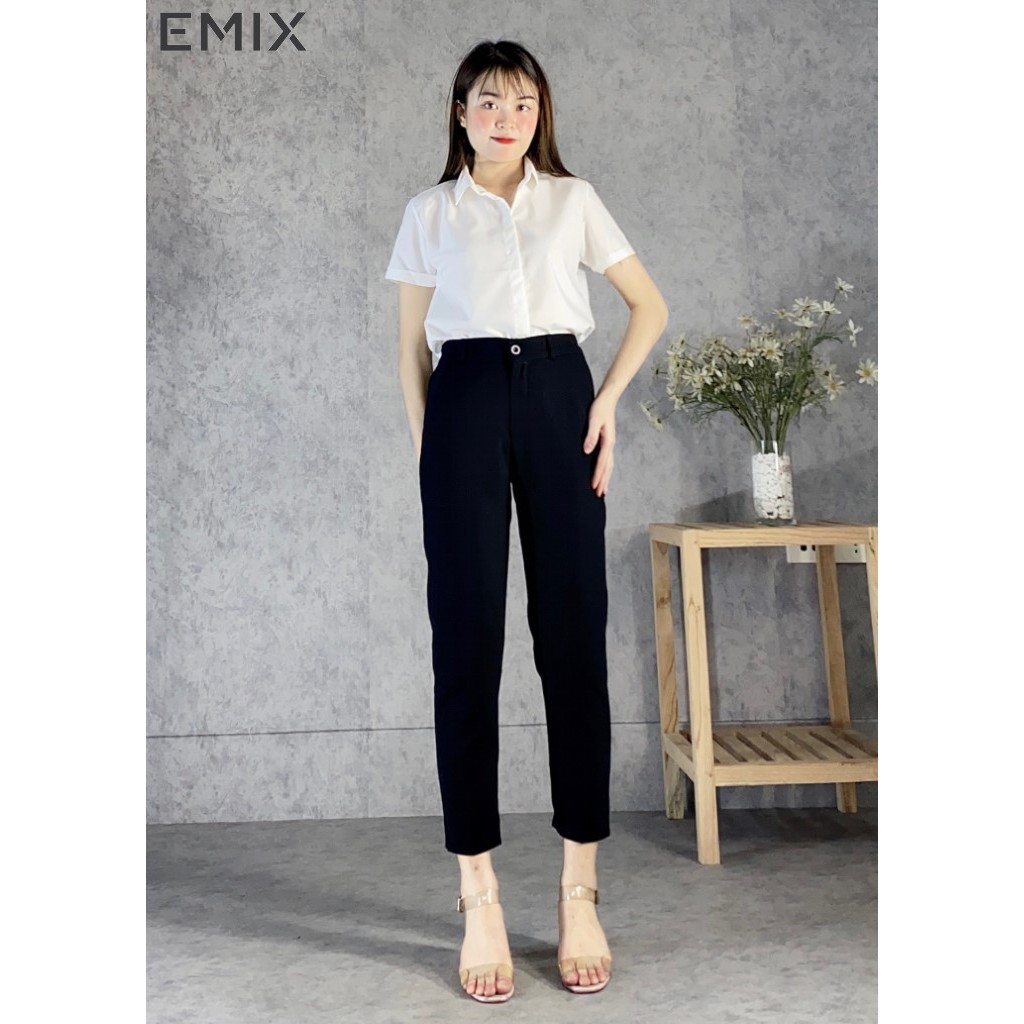 Áo sơ mi công sở cơ bản EMIX (màu trắng), dáng dài, form rộng, vải lụa thô, mềm mịn, không bai xù a66