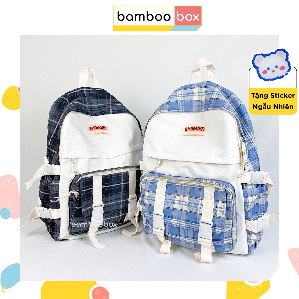 Balo nữ ulzzang Hàn Quốc cotton poly kẻ caro thời trang đi học đi chơi đẹp có ngăn laptop hàng có sẵn Balo-003