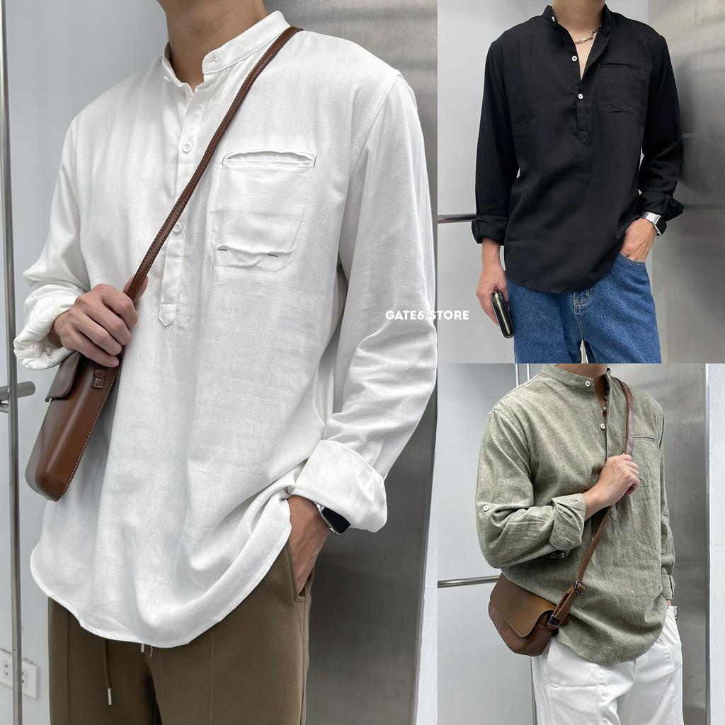 Áo Sơmi Nam đũi henley BT, somi cổ trụ vải linen mềm đã giặt xử lý chống co dáng rộng Hàn Quốc - GATE6 - 4971