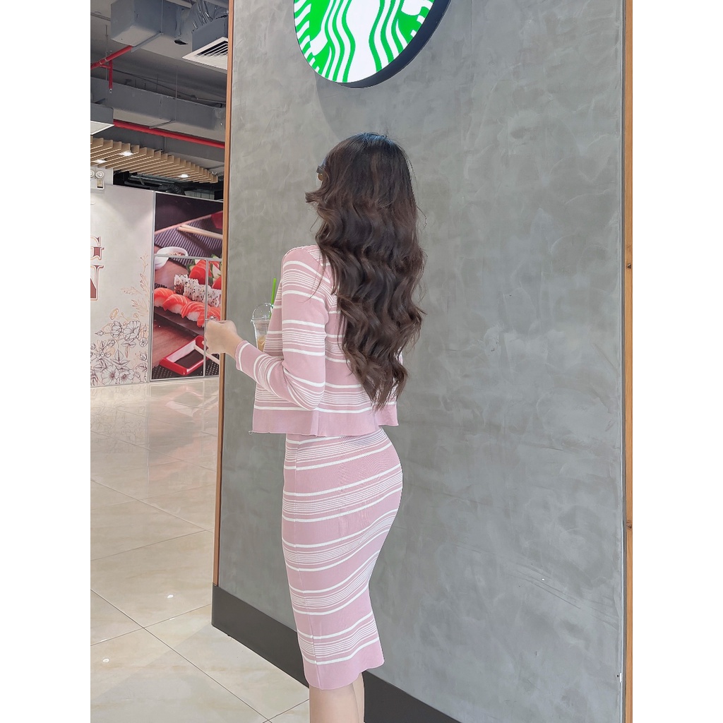 Set Áo khoác + Đầm 2 dây trẻ trung chỉ mịn cao cấp Paola DS01