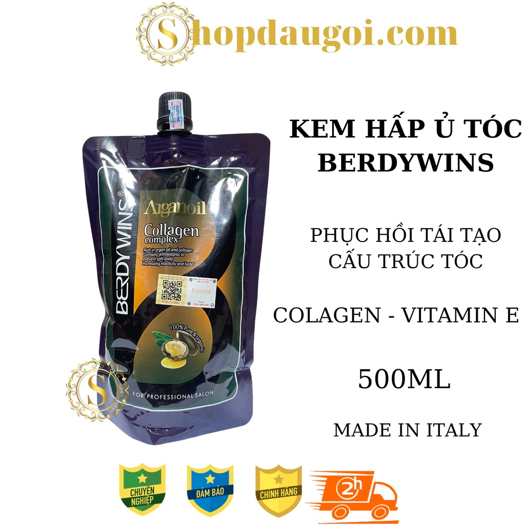 Kem ủ tóc COLLAGEN BERDYWINS 500ML - DẦU Ủ hấp tóc cung cấp dưỡng chất AGAN phục hồi tóc hư tổn siêu mượt