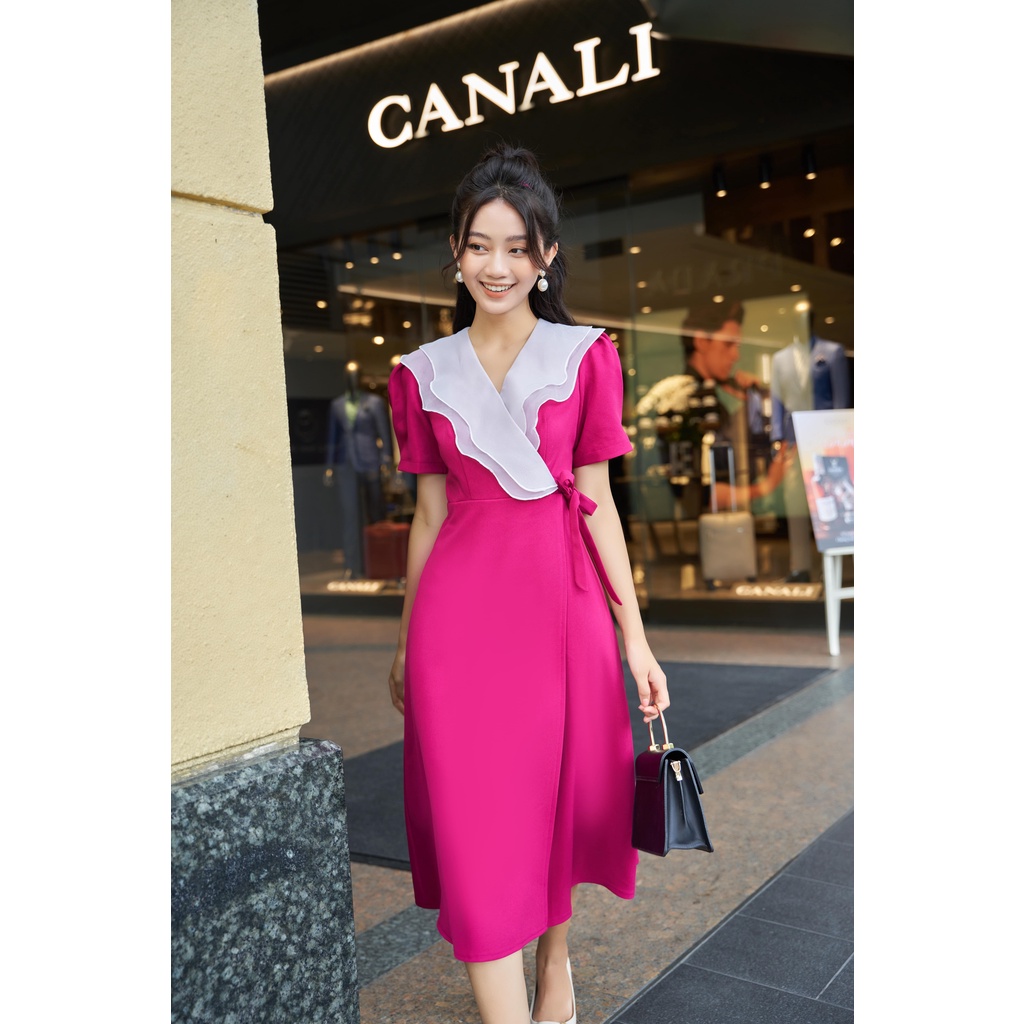 Váy dáng dài bắp chân đầm công sở bèo cổ tay bồng màu tím VIOLET DRESS YAME