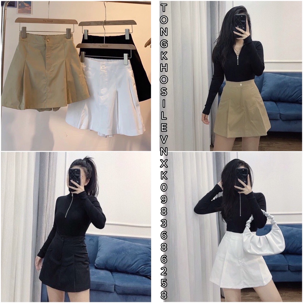 QUẦN GIẢ VÁY KAKI XOÈ Nữ Chữ A CẠP CAO CHUN SAU ĐEN TRẮNG BE - CHÂN VÁY THÔ DẬP LY LÓT QUẦN