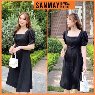 Váy Công Sở Nữ SANMAY, Đầm Đi Đám Cưới Thiết Kế Cổ Vuông Tay Phồng Dáng Suông Sang Trọng VD017