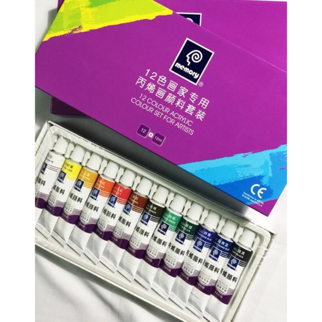 Combo 1 hộp màu acrylic Memory 18 màu + 1 set bút lông nhọn cán xanh + 3 bút chì Đức+ 1 hộp than + 1 tập giấy Roki A4
