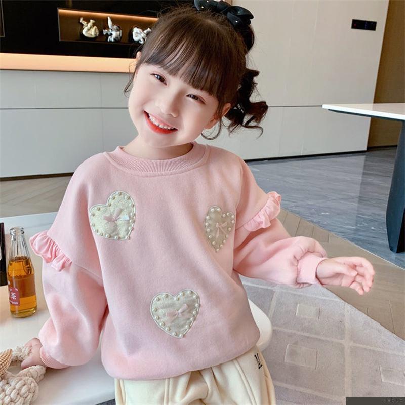 Áo thun tay dài cổ tròn họa tiết trái tim đính ngọc trai dễ thương thời trang xuân thu cho bé gái