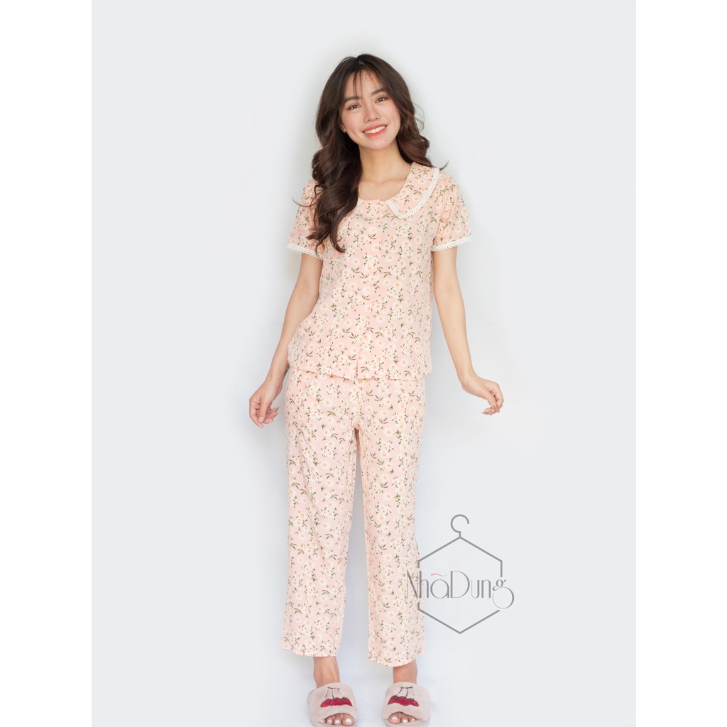 &lt;A01&gt; Đồ bộ nữ mặc nhà quần dài vải lụa cao cấp hoa nhí xinh xắn Nhã Dung Store dưới 65kg