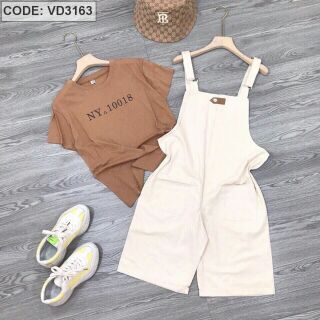 Yếm quần phối áo màu kem nâu, yếm kaki phối áo cao cấp, set yếm phối áo siêu đẹp