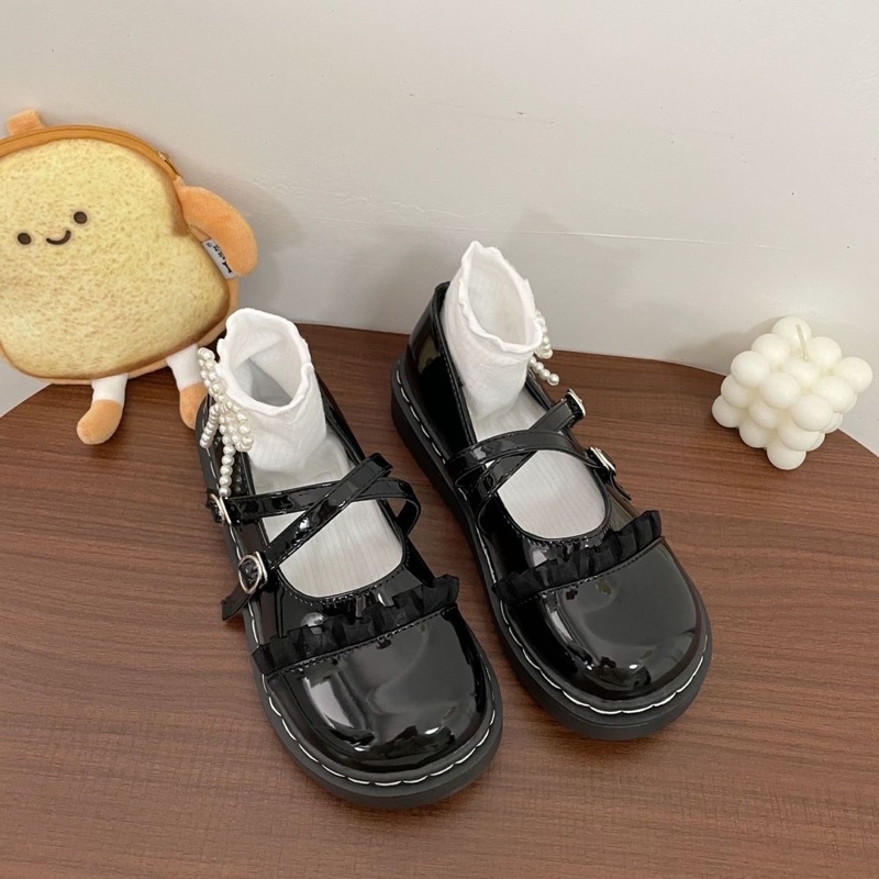 GIÀY LOLITA DA BÓNG MŨI TRÒN DÂY CHÉO KHUY CÀI PHONG CÁCH ANH QUỐC