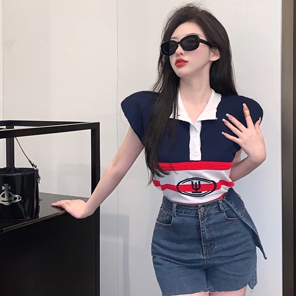 Áo kiểu ZHELIHANGFEI dệt kim sát nách cổ polo dáng rộng kẻ sọc cá tính thời trang