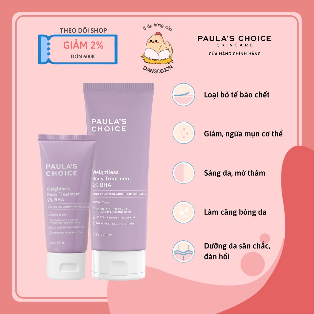 Kem dưỡng thể ngừa viêm lỗ chân lông Paula's Choice Weightless Body Treatment With 2% BHA