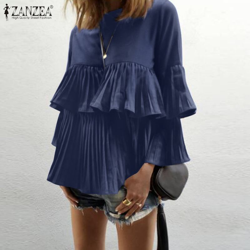 Áo ZANZEA Cổ Tròn Tay Áo Loe Xếp Ly Thời Trang Nữ