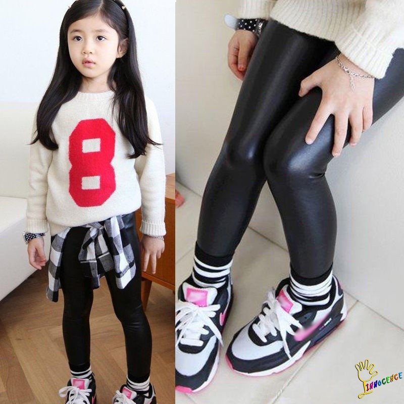 Quần legging giả da co giãn màu đen cho bé gái 1-8 tuổi