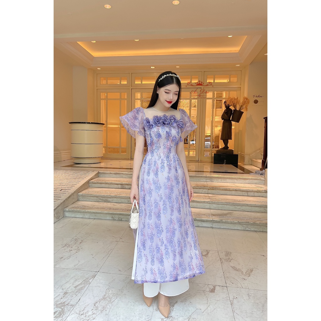 Áo dài cách tân 4 tà Organza Tím Oải Hương và Organza Hoa Hồng may kết đính tỉ mỉ kèm ảnh thật tự chụp