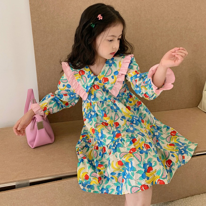 Đầm Tay Dài Cổ Bẻ In Hoa Dễ Thương Thời Trang Xuân Thu Phong Cách Hàn Quốc Cho Bé Gái