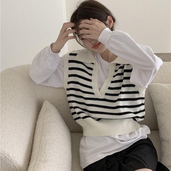 Áo dệt kim ZHELIHANGFEI sát nách lưng cao kẻ sọc cá tính dễ phối đồ