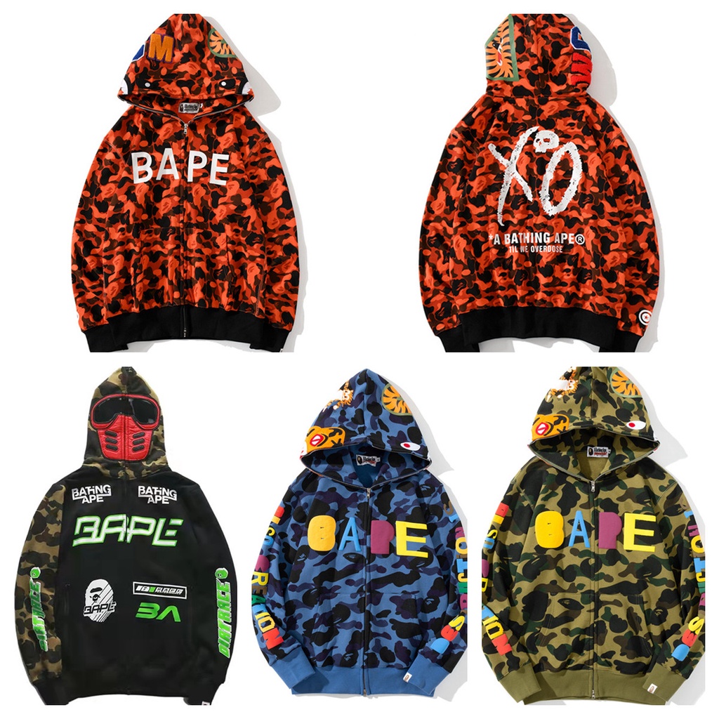 Áo hoodie bape tay dài có khóa kéo họa tiết rằn ri cá mập bape hàng mới cho nam và nữ