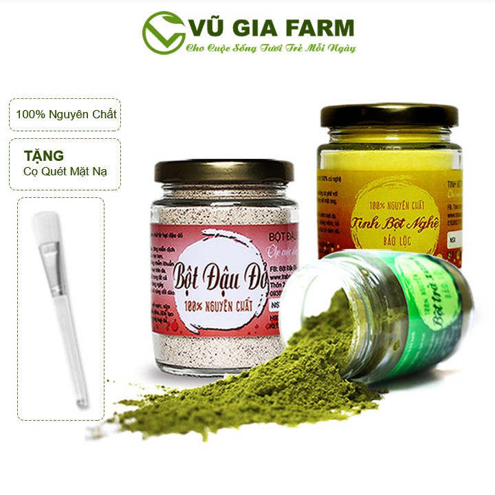Combo Bột Trà Xanh + Bột Đậu Đỏ + Tinh Bột Nghệ Nguyên Chất Vũ Gia (100g/hũ) + Tặng Cọ Quét