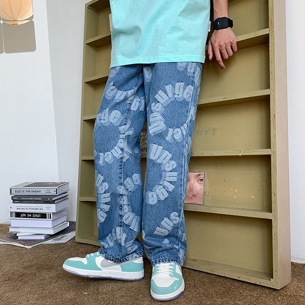 Quần Jean Dài Ống Rộng Phong Cách Hip Hop Đường Phố Mỹ Cá Tính Cho Nam
