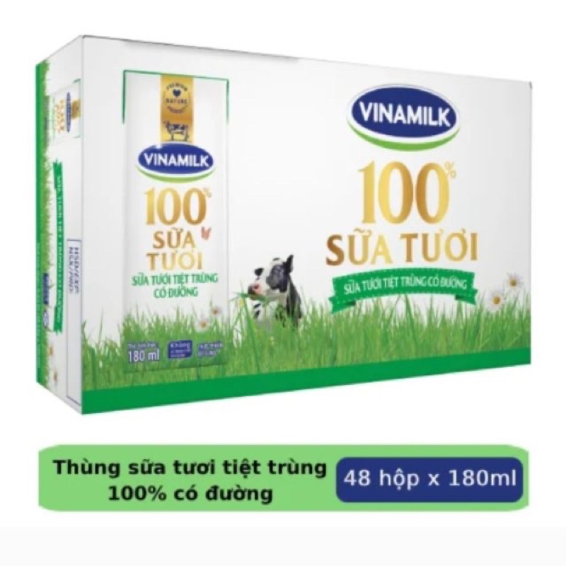 Sữa tươi vinamilk 100% thùng 180ml*48 hộp có đường, ít đường, dâu, không đường