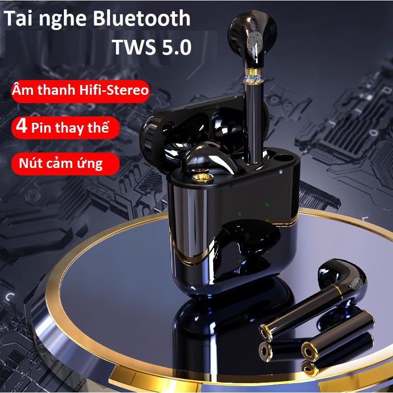 Tai Nghe Bluetooth Không Dây TWS , Cảm Ứng Vân tay, Chip 5.0, Sử Dụng 4 Pin Thay Thế Tiện Dụng, Chức Năng Siri.