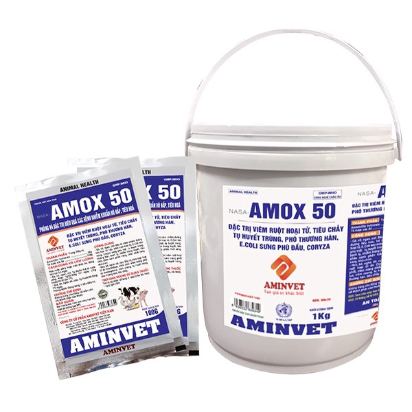 Amox 50% aminvet  viêm ruột, tiêu chảy, tụ huyết trùng gia súc, gia cầm