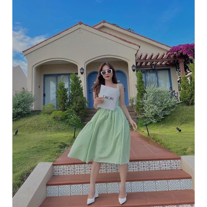 Váy nữ công chúa họa tiết kẻ vuông hai dây dáng dài 🍌🍌 Váy công chúa bồng bềnh 4 màu vàng Hồng xanh lá xanh dương