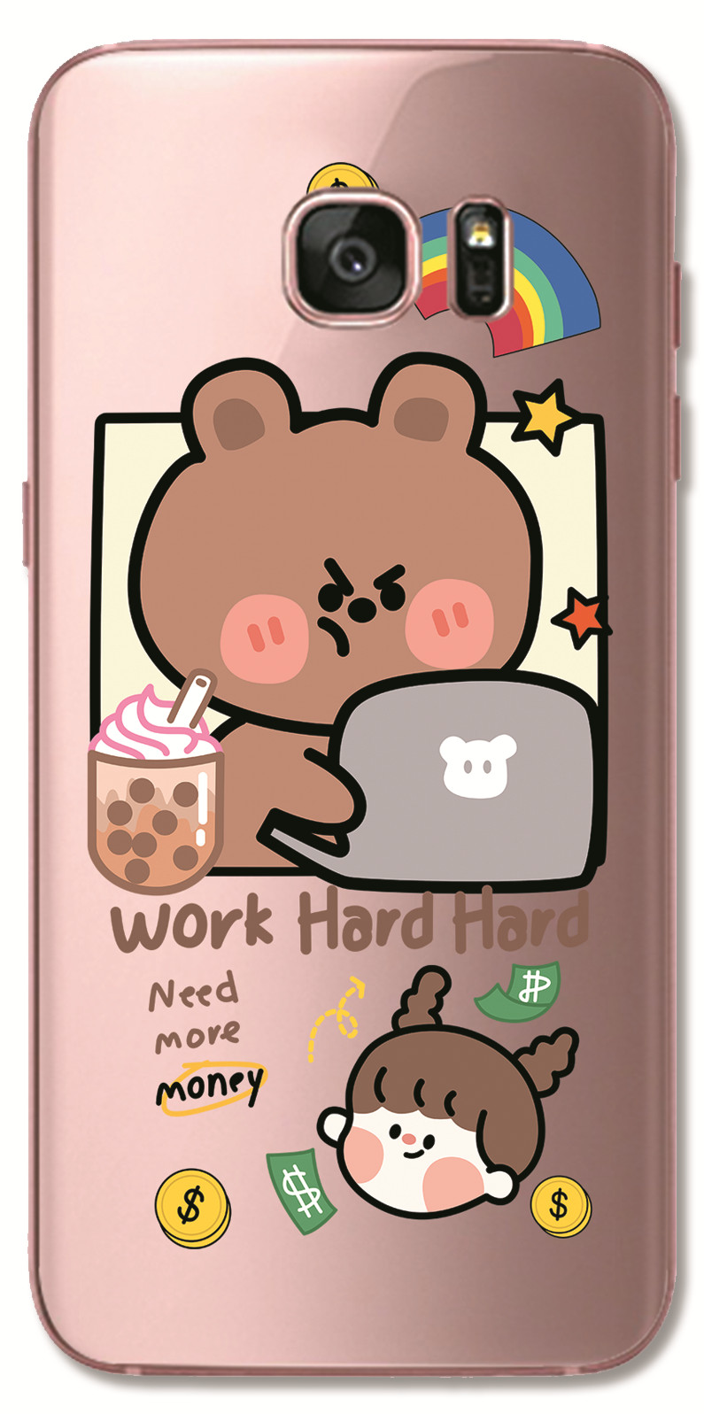 Samsung Galaxy S8 Plus / Note 4 5 3 2 N7100 N9000 INS Cute Cartoon Work hard Brown bear Clear Soft Silicone TPU Phone Casing Lovely label Graffiti Case Back Cover Couple