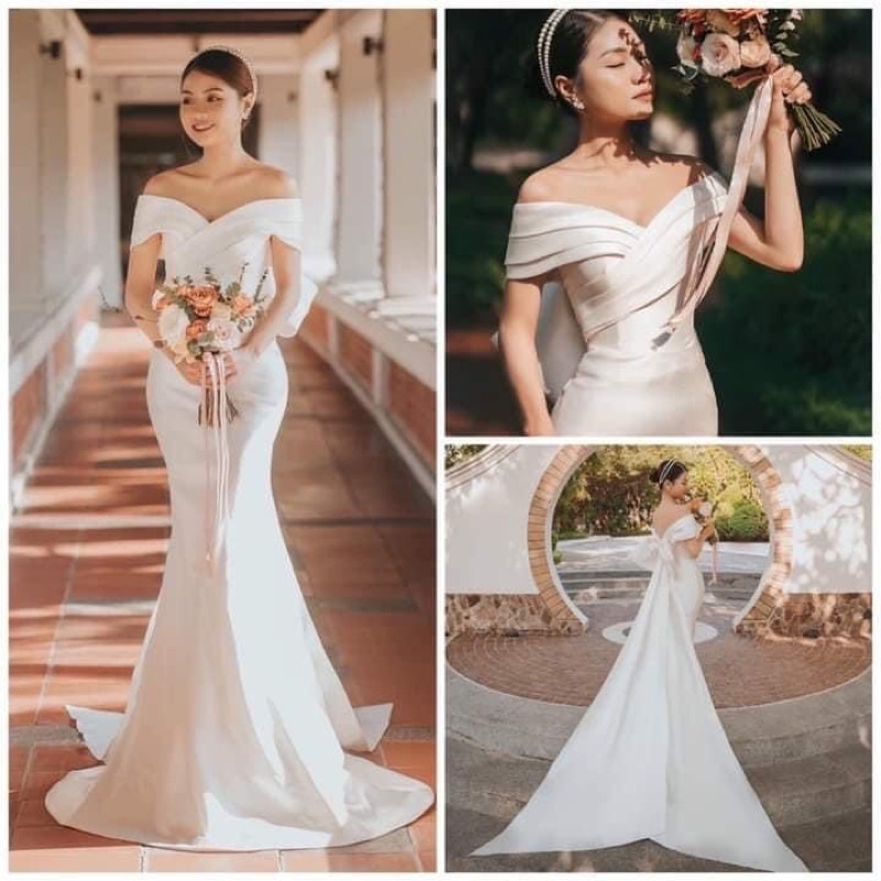 váy cưới cho cô dâu đi bàn, kèm nơ dài sau lưng