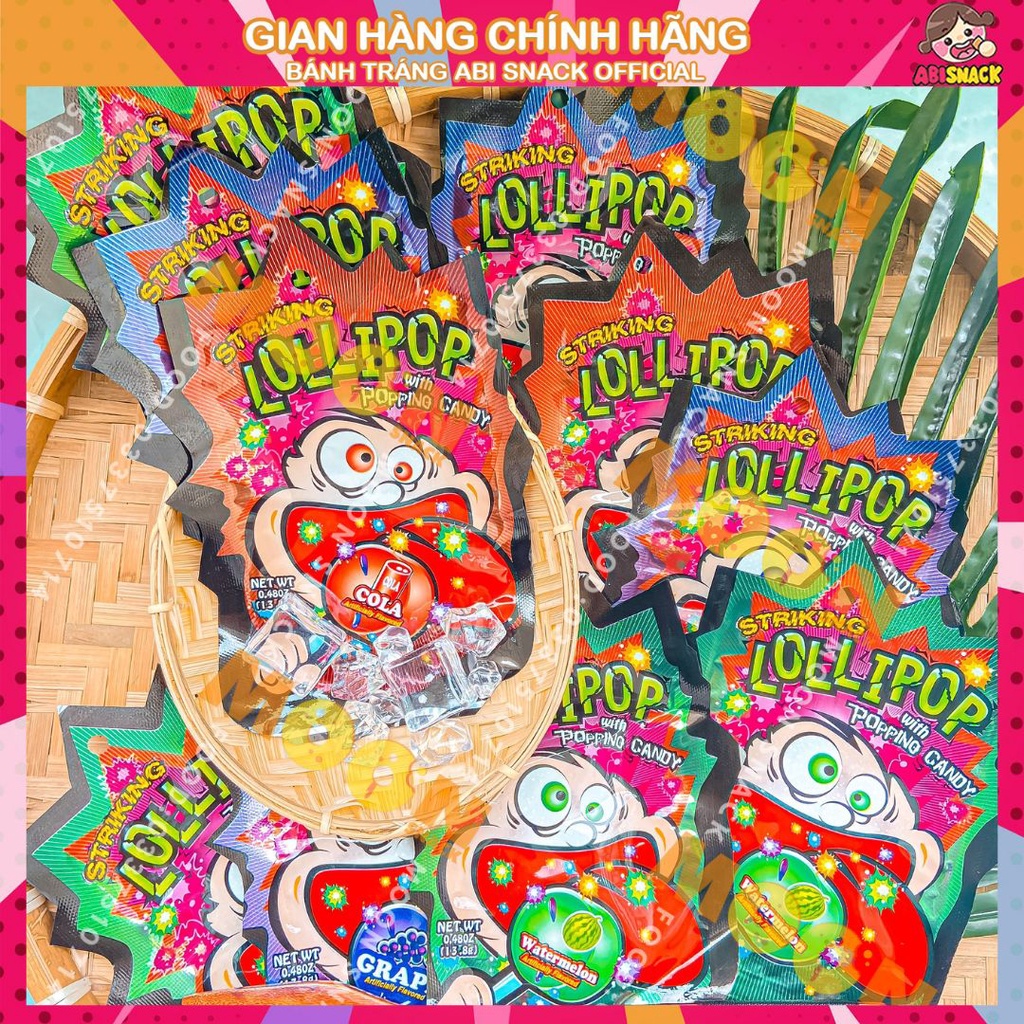 Kẹo mút ngậm nổ các vị cola/dưa hấu/nho Striking Lollipop with Popping Candy HÃNG HỒNG KÔNG GÓI 13.5g