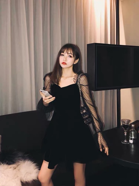 [Mã WASTMINI giảm 10% tối đa 30K đơn 150K] Đầm nhung đen tiểu thư tay ren sang chảnh ulzzang HQ 🖤 | BigBuy360 - bigbuy360.vn